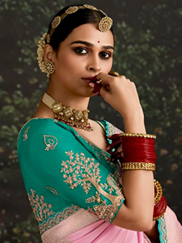 Light pink festive wear saree in dola silk