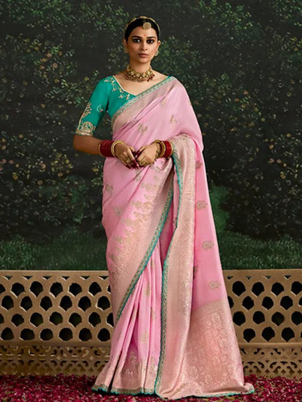 Light pink festive wear saree in dola silk