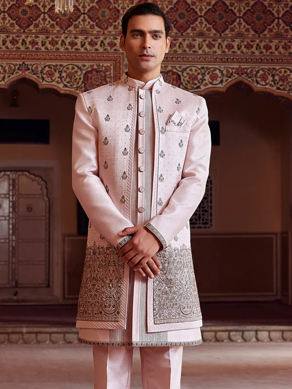 Light pink finest raw silk indo western for men