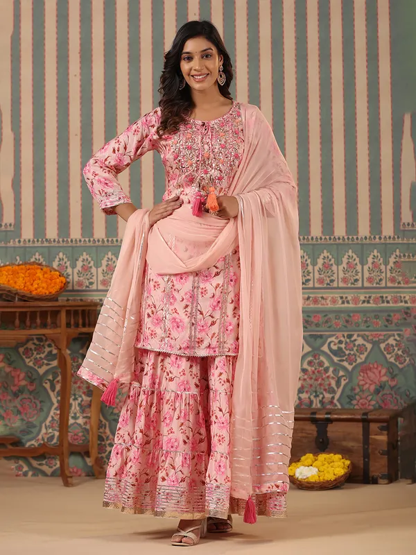 Light pink floral printed sharara suit