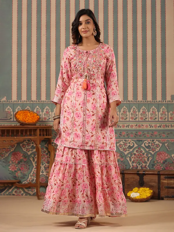 Light pink floral printed sharara suit