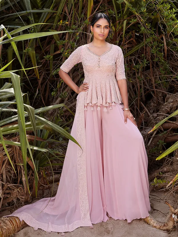 Light pink georgette lucknowi palazzo suit