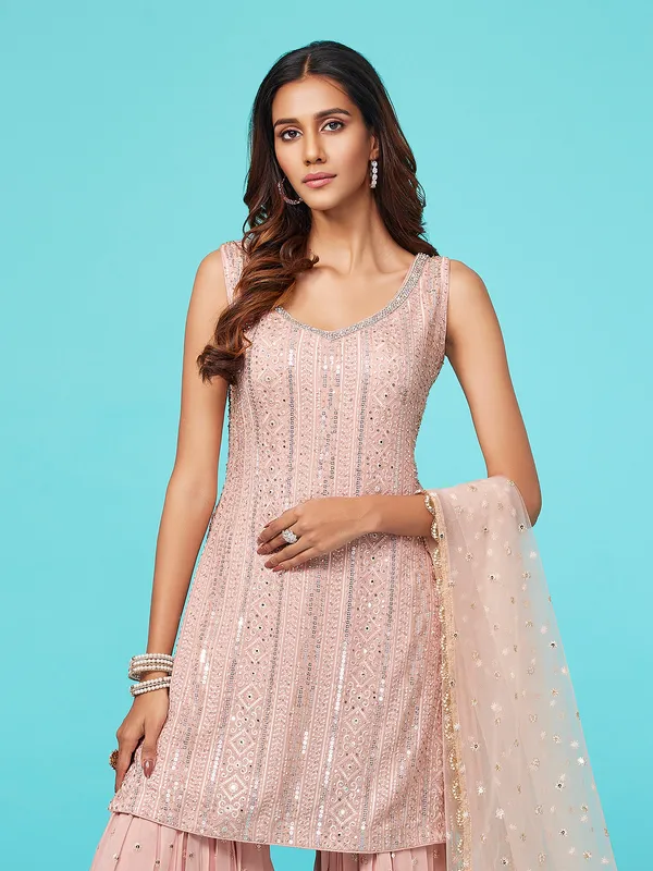 Light pink georgette sharara suit with dupatta