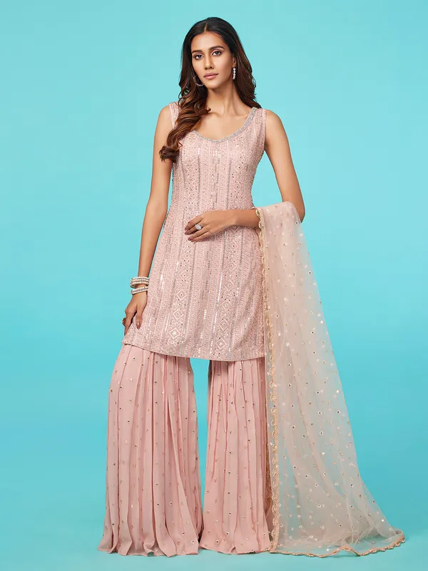 Light pink georgette sharara suit with dupatta
