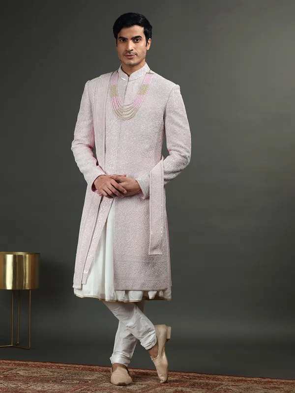 Light pink groom sherwani in raw silk
