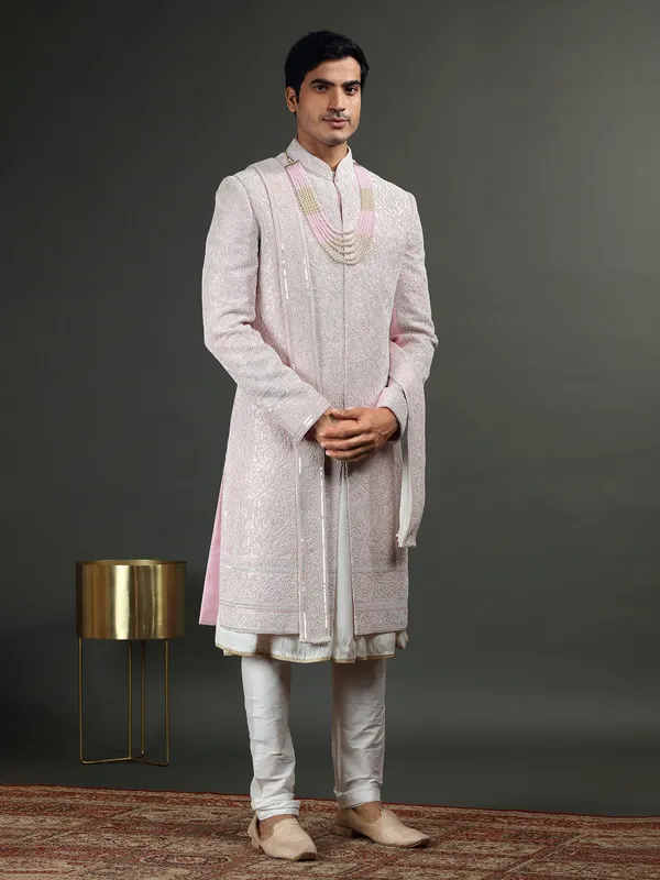 Light pink groom sherwani in raw silk