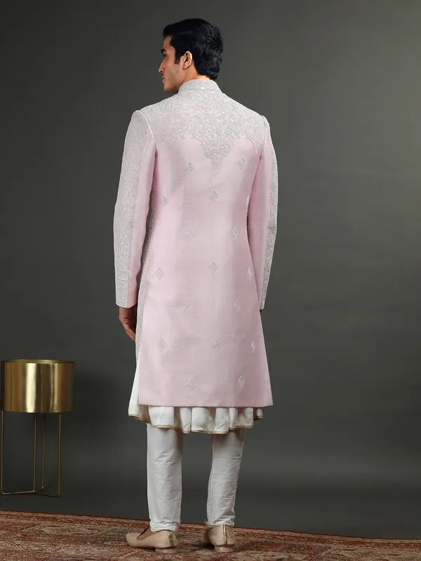 Light pink groom sherwani in raw silk