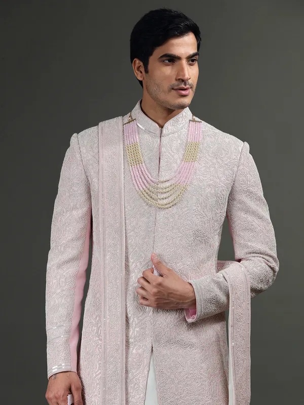 Light pink groom sherwani in raw silk