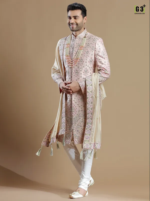 Light pink groom wear sherwani in raw silk