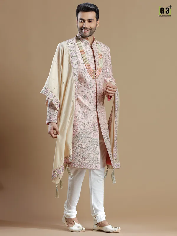 Light pink groom wear sherwani in raw silk