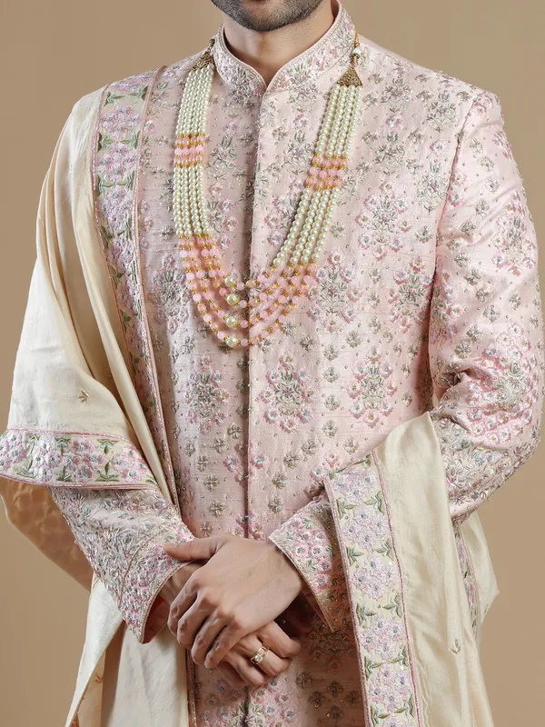 Light pink groom wear sherwani in raw silk