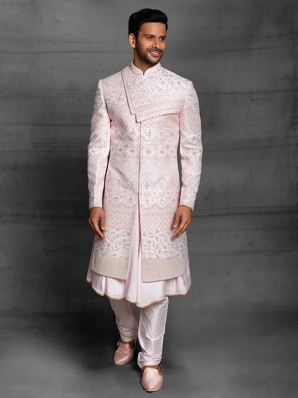 Light pink hue silk fabric wedding wear sherwani