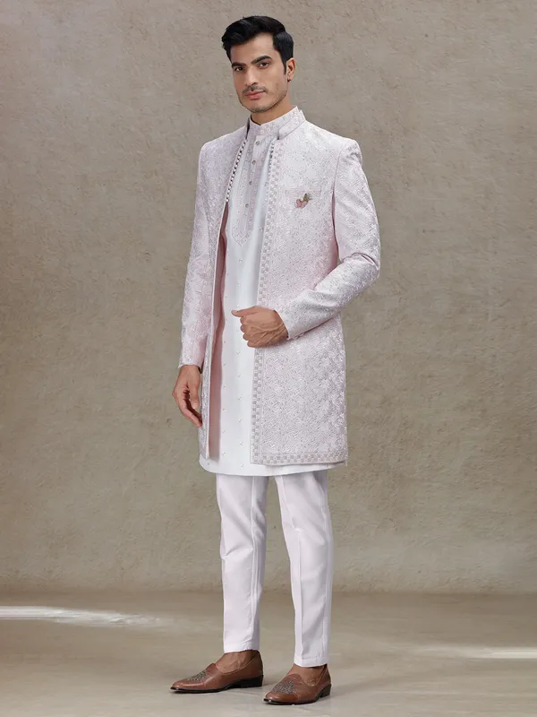Light pink indo western with textured patch and sequins work
