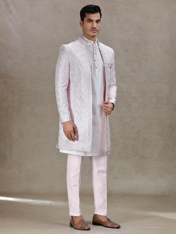 Light pink indo western with textured patch and sequins work