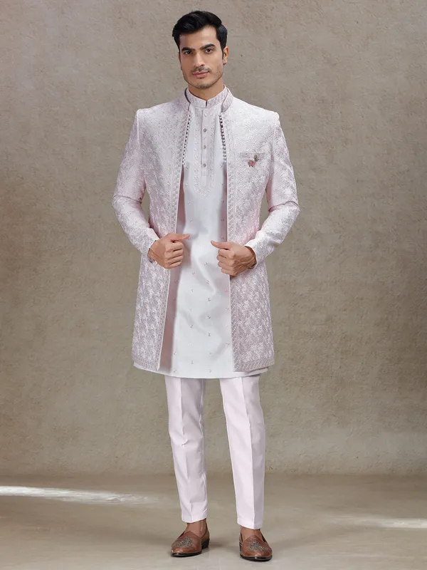 Light pink indo western with textured patch and sequins work