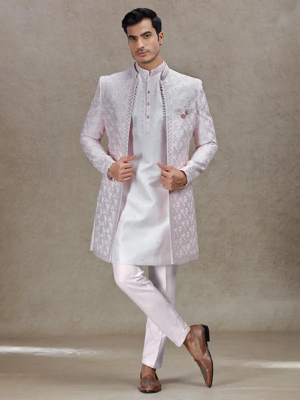 Light pink indo western with textured patch and sequins work