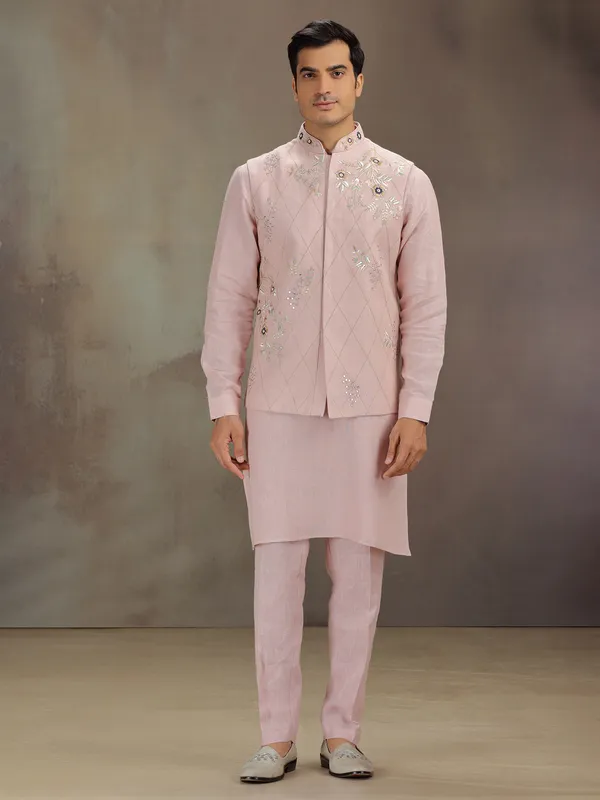 Light pink linen men waistcoat set for wedding celebration