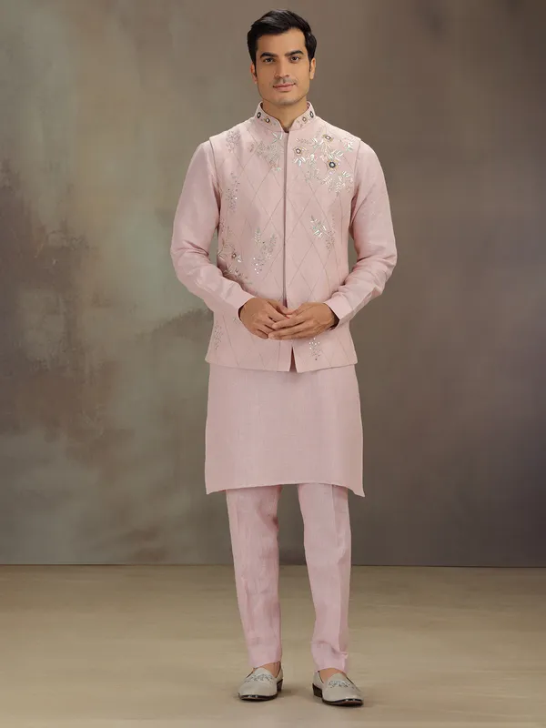 Light pink linen men waistcoat set for wedding celebration