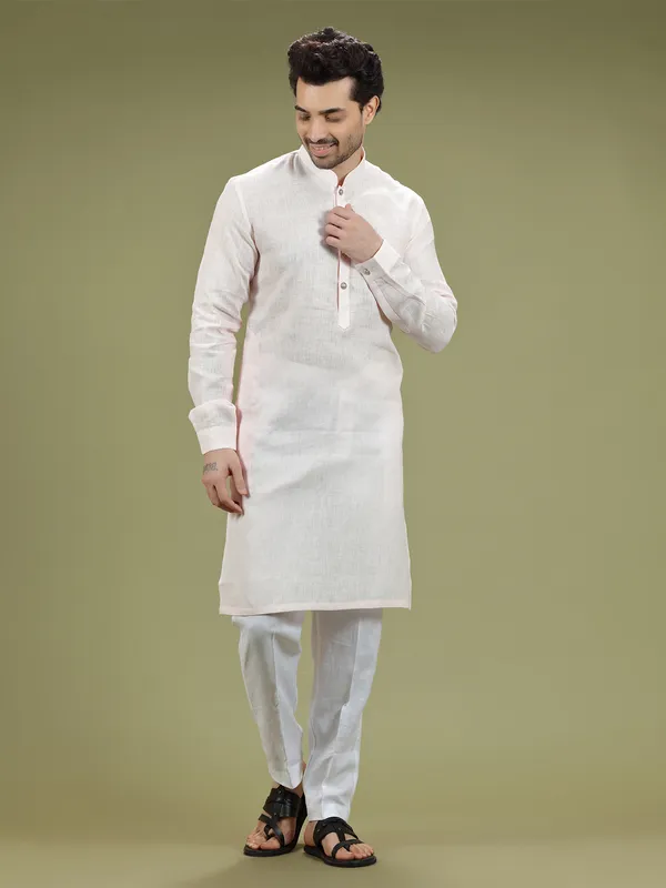 Light pink linen plain  Men Kurta pajama