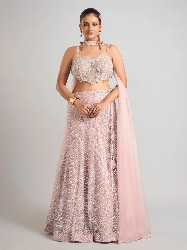 Light pink net sleeveless lehenga choli