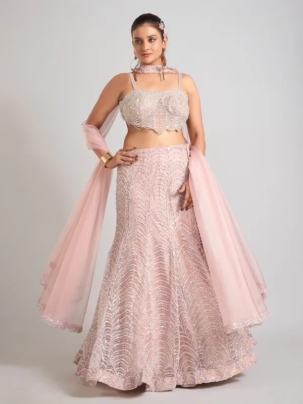 Light pink net sleeveless lehenga choli