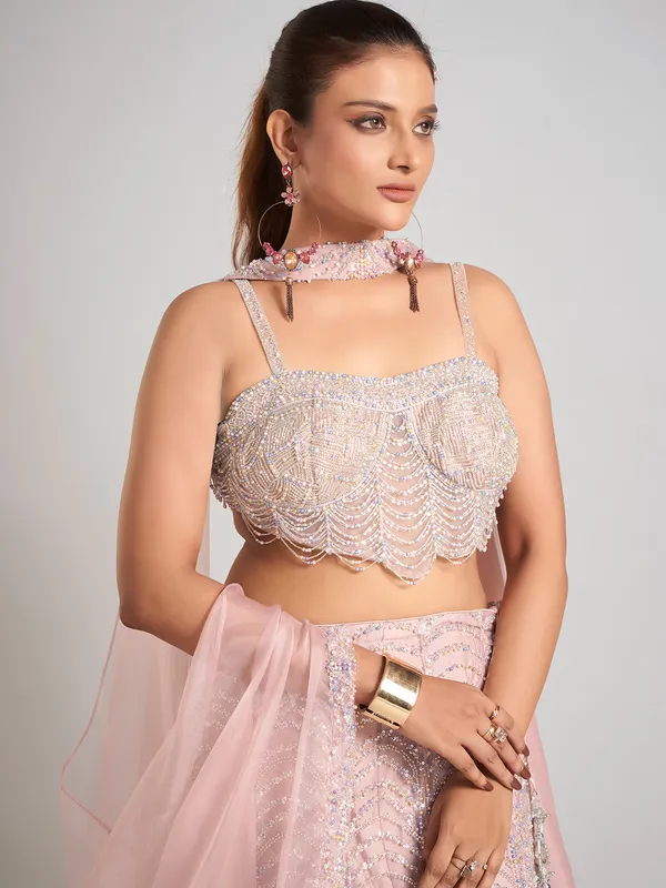 Light pink net sleeveless lehenga choli
