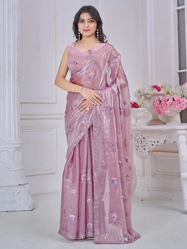 Light pink organza saree with aabla embroidery work