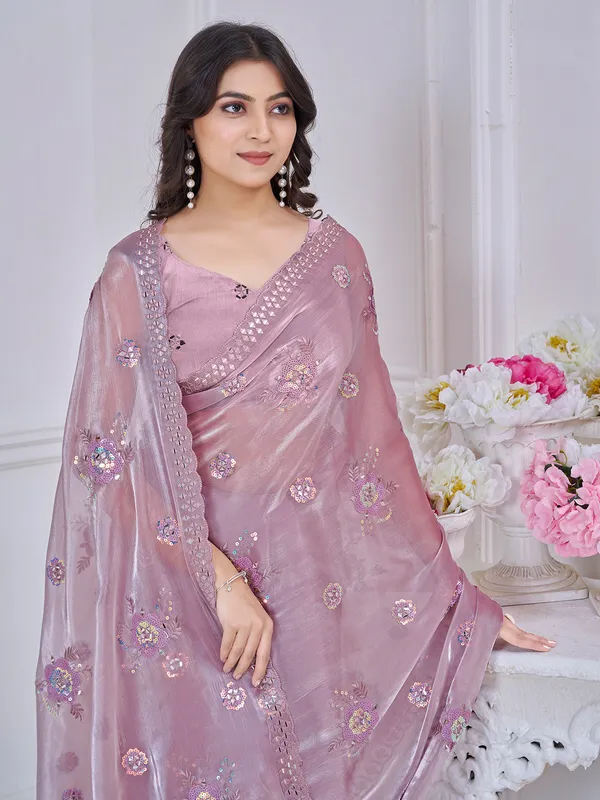 Light pink organza saree with aabla embroidery work