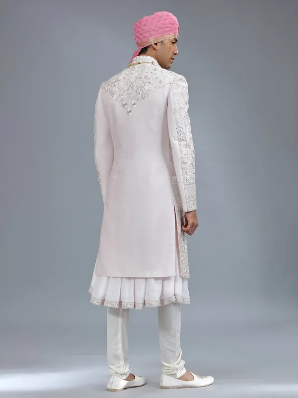 Light pink peshwai style raw silk sherwani