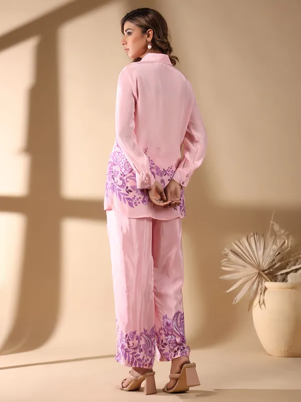 Light pink printed co-ord set in satin silk