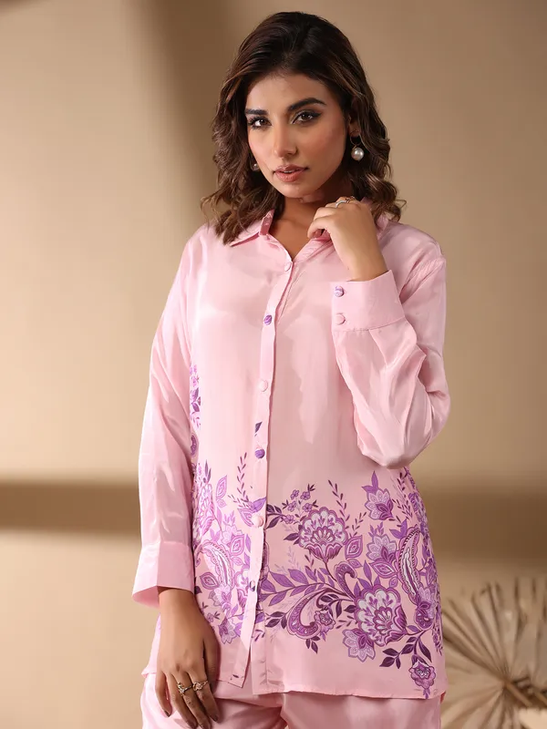 Light pink printed co-ord set in satin silk