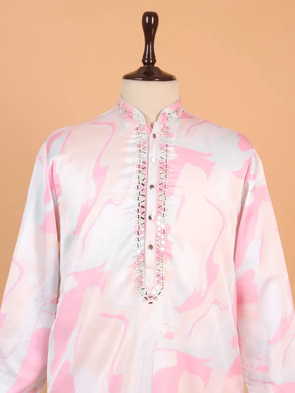 Light pink printed cotton silk kurta suit for men