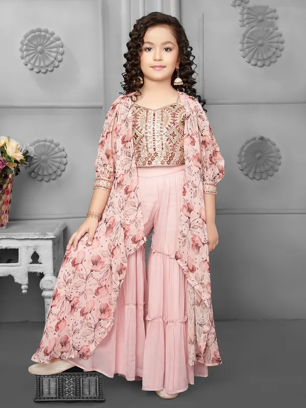 Light pink printed jacket style sharara suit