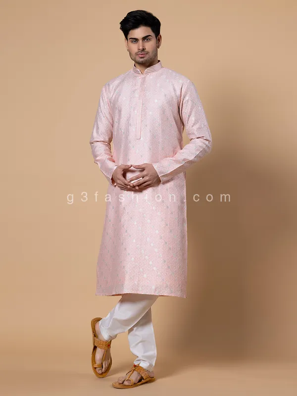 Light pink printed kurta suit in silk