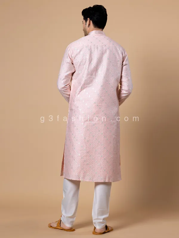 Light pink printed kurta suit in silk