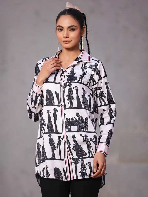 Light pink printed malai cotton top with sequins work
