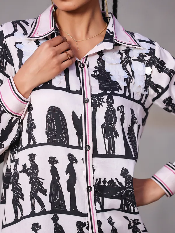 Light pink printed malai cotton top with sequins work