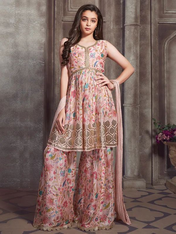 Light pink printed muslin silk sharara suit