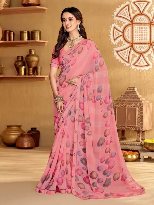 Light pink printed saree in georgette