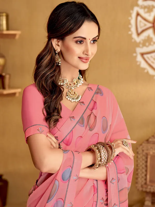 Light pink printed saree in georgette