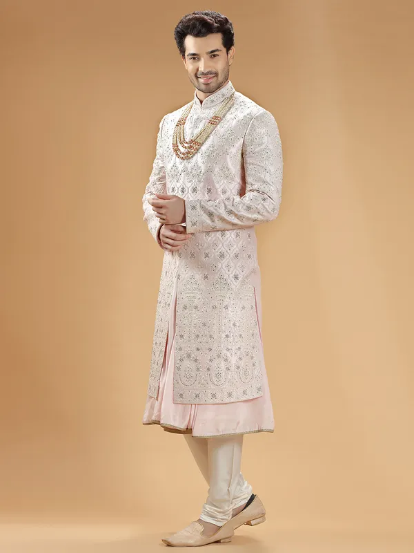 Light pink raw silk groom sherwani