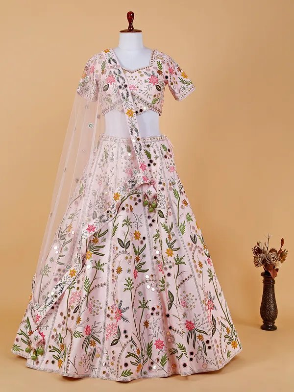 Light pink raw silk lehenga choli with net dupatta