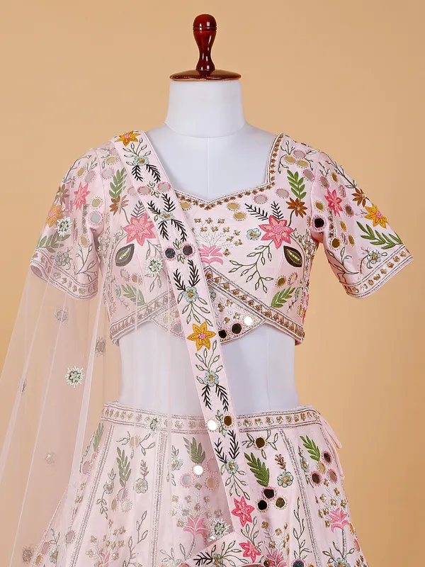 Light pink raw silk lehenga choli with net dupatta