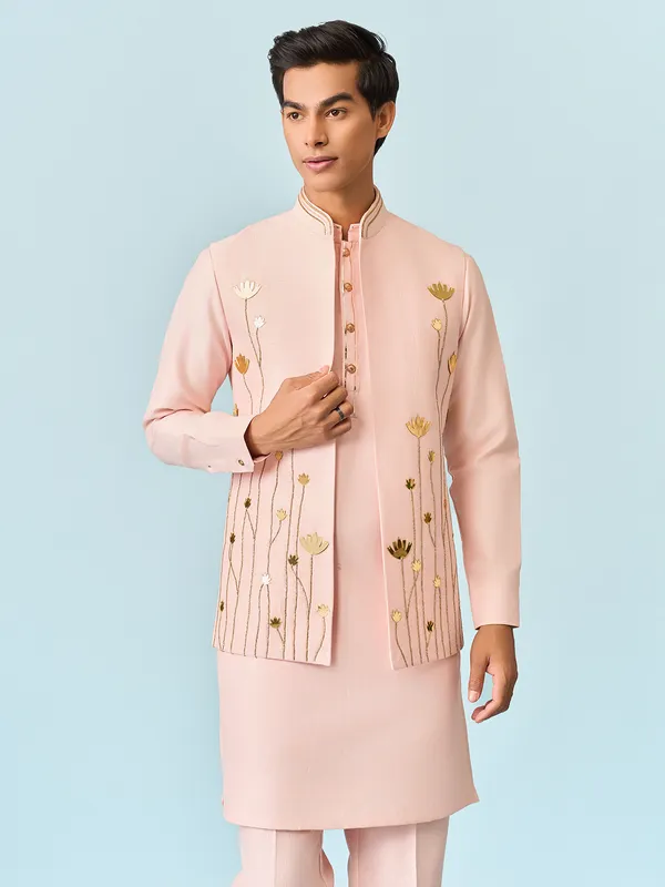 Light pink serene lotus foil worked waist coat set