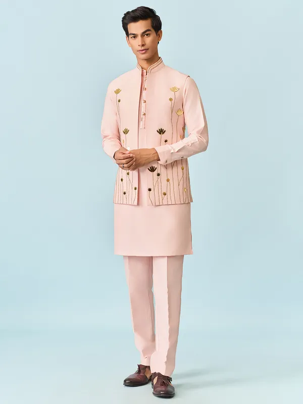 Light pink serene lotus foil worked waist coat set