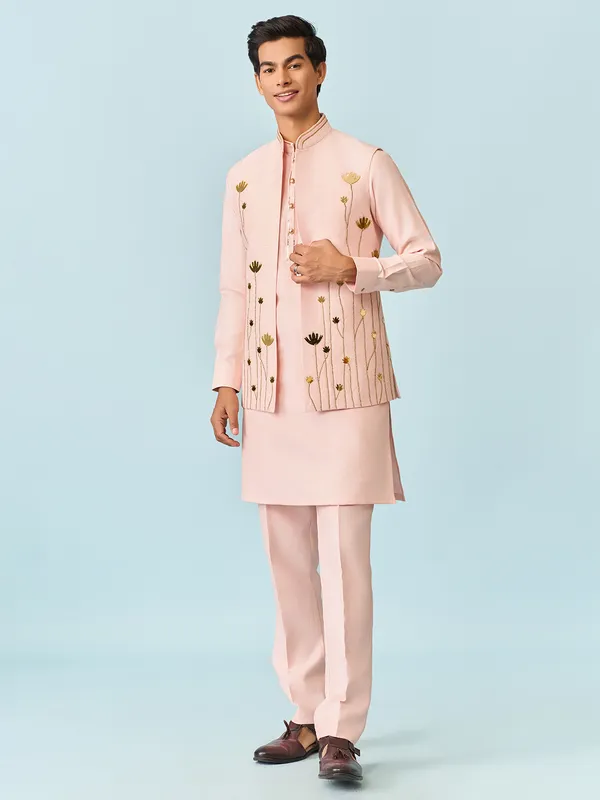 Light pink serene lotus foil worked waist coat set