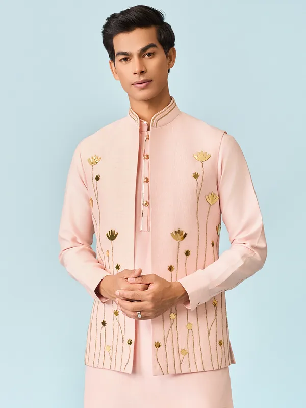 Light pink serene lotus foil worked waist coat set
