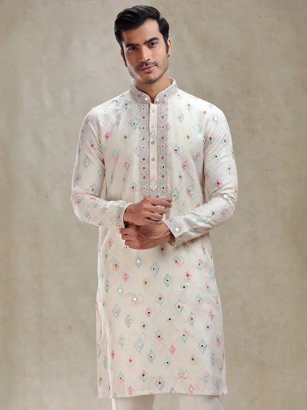 Light pink serene printed kurta suit in cotton silk
