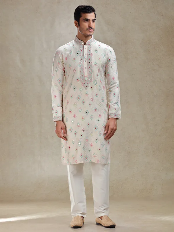 Light pink serene printed kurta suit in cotton silk