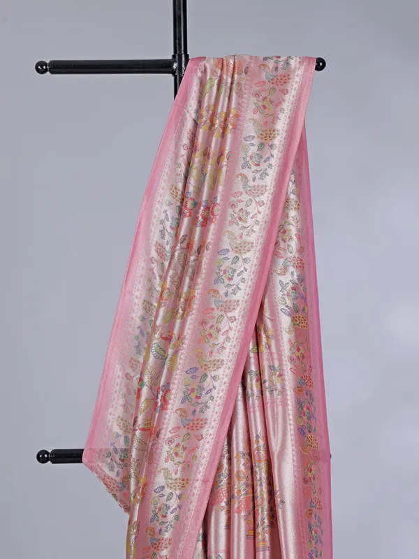 Light pink shimmer dola silk saree with floral print